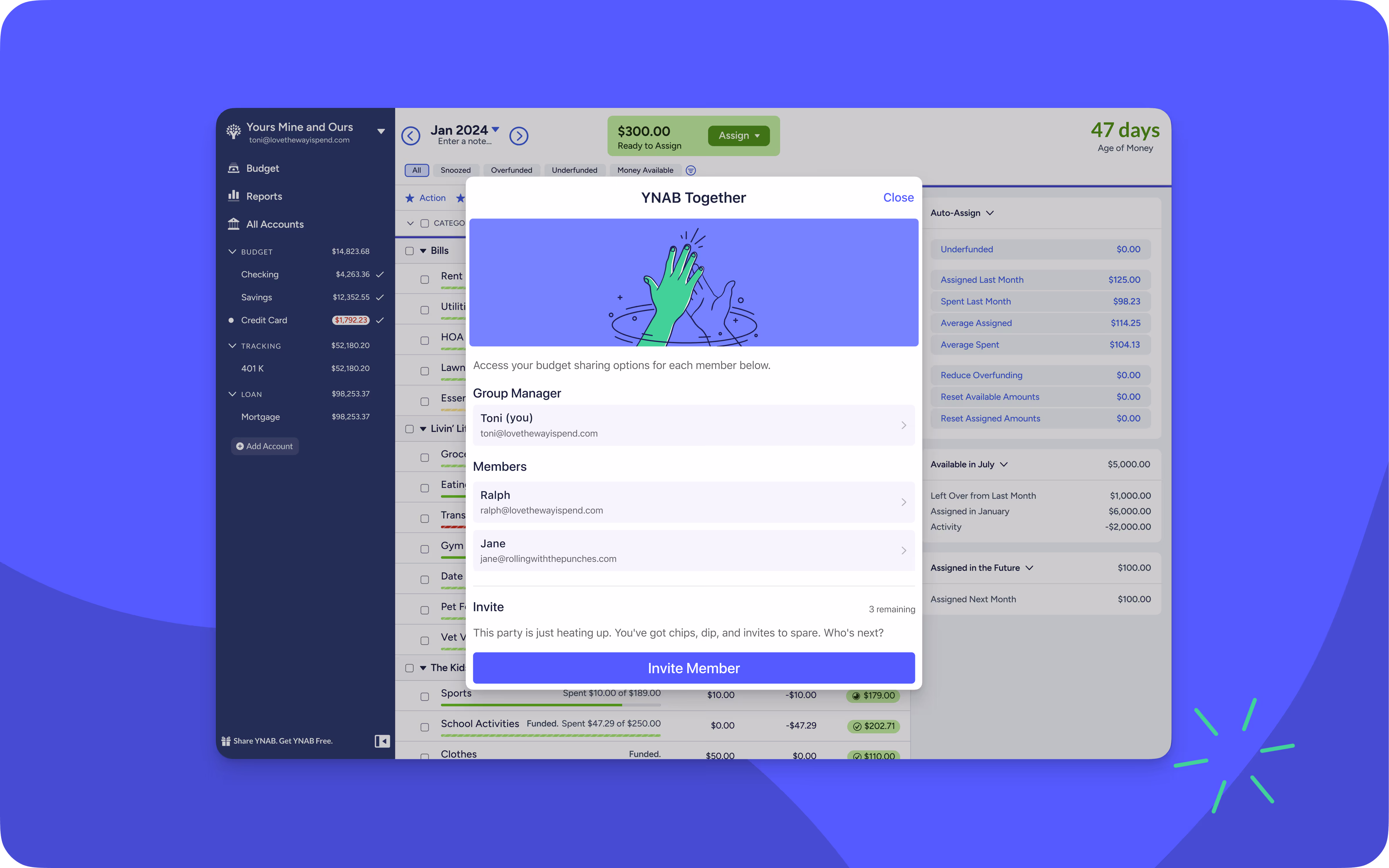 YNAB Together plan settings available to the group manager in the web app
